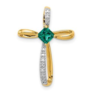 Diamond2Deal 14k Yellow Gold 4mm Square Lab Created Emerald and Diamond Cross Slide Pendant