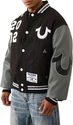 True Religion Overt Buddha Varsity Jacket in Jet Black /Granite Grey at Nordstrom, Size Xxx-Large