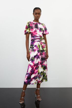 Karen Millen Satin Blurred Floral Print Woven Angel Sleeve Midi Dress