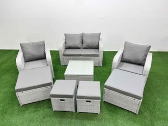 Fimous PE Rattan Love Sofa Reclining Chair Set with 4 Footstools Light Grey
