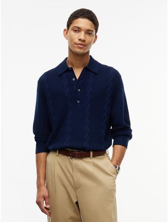 Tommy Hilfiger Mens New York Label Wool-Blend Sweater Polo - Navy Blue - L