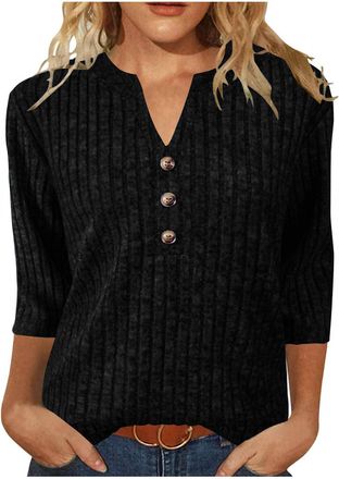Generic Womens Sweaters 3/4 Length Sleeve Tops V Neck Button Jumpers Womens Top Knit Stripe Fall Ladies Sweatshirts Jumpers Solid Color Workout Plus Size Acti