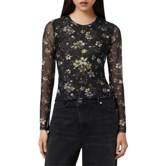AllSaints Ellie Floral Long Sleeve Mesh T-Shirt in Vine Black at Nordstrom, Size 2 Us