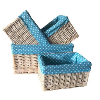 Red Hamper Wicker Blue Spotty Lined Open Storage Baskets Set of 4