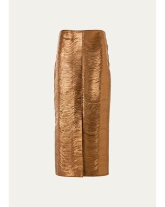 Akris Embroidered Lame Nappa Leather Midi Pencil Skirt