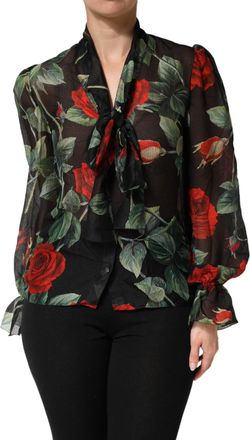 Dolce & Gabbana Black Floral Long Sleeves Silk Blouse Womens Top