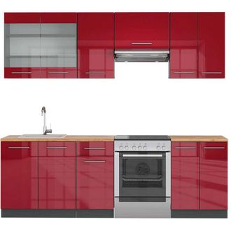 Vicco Cucina componibile Fame-Line, Rosso bordeaux lucido, 240 cm, pl Rovere