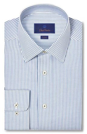 David Donahue Trim Fit Pinstripe Cotton & Cashmere Twill Dress Shirt in White/Blue at Nordstrom, Size 16.5 - 32