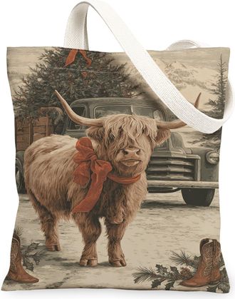 Generic Vintage Rustic Canvas Tote Bags, Highland Cow Design Reusable Grocery Bags, Winter Holiday Lightweight Washable Shoulder St, Brown, 13x15 Inch