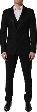 Dolce & Gabbana Mens Black Martini Slim Fit Formal 3 Piece Suit Virgin Wool