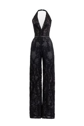 Saiid Kobeisy Intricate Embroidered Lace Jumpsuit With Flowing Cape