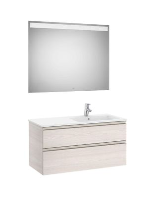 Roca Roca - Pack Mueble Base De 2 Cajones + Lavabo Derecha + Espejo Led The Gap Color: Fresno N&oacute;rdico
