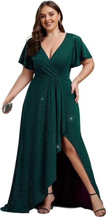 Ever-pretty Plus Size Evening Dress Asymmetric Hem V Neck High Elasticity Dark Green