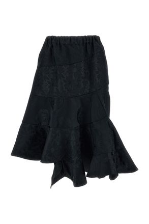Comme Des Gar&ccedil;ons Black Patchwork Floral Jacquard Tiered Midi Skirt