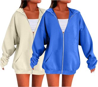 Generic 2 Piece Hoodies For Women Uk Oversized Solid Color Sweatshirts For Women Uk Ladies Zip Up Plain Hoodies Cardigans Tops Long Sleeves Casual Fashion Loo