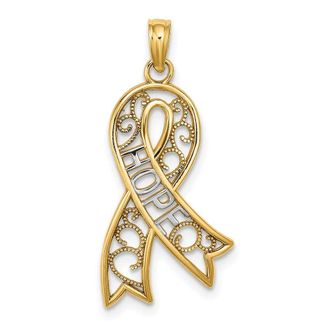Diamond2Deal 14k Yellow Gold Rhodium Filigree Ribbon HOPE Charm