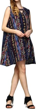 Velzera Tribal Sleeveless Keyhole Mini Dress In Blue