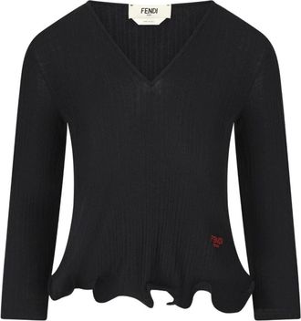 Fendi Zwarte V-hals trui met geschulpte zoom - Dames - V-hals truien - Zwart - L - Truien & Vesten