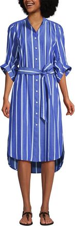 Lands End Poplin Oversized Puff Sleeve Midi Shirt Dress in Blue/white Shadow Stripe at Nordstrom, Size X-Small P