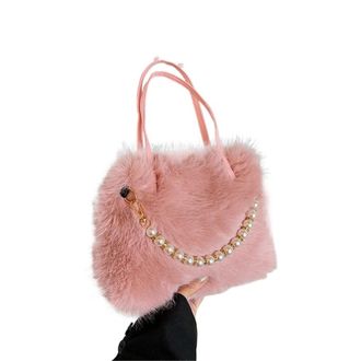 Generic Womens Plush Bags Winter Faux Fur Crossbody Bags For Womens Gift, Pearl Chain Decor Shoulder Bag, Ladies Handbags Top-handel(Pink)