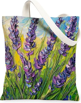 Generic Spring Oli Painting Lavender Canvas Tote Bag for Shopping 13x15, Floral Wildflower Garden Reusable Grocery Print Bag for Women Men, Flower Scene Aesth