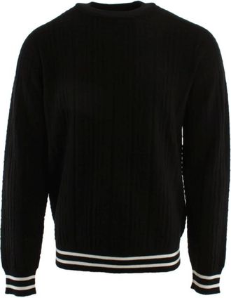 Balmain Round-neck Knitwear, male, Black, Size: L Merino Wool Sweater with Stripe Detail and Jacquard Pattern