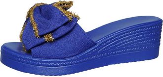 Generic Womens Wedge Platform Slide Sandals Open Toe with Glitter Bowknot Decor Slip On Lightweight Summer Casual Dress Shoes (5.5,Blue)