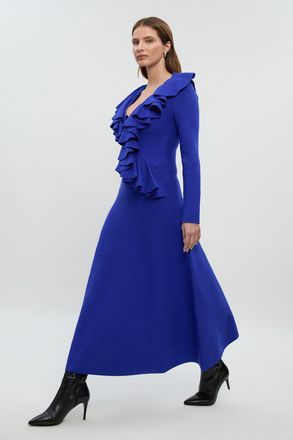 Karen Millen Womens Compact Wool Look Ruffle V Neck Midi Dress - Blue Viscose - Size X-Small