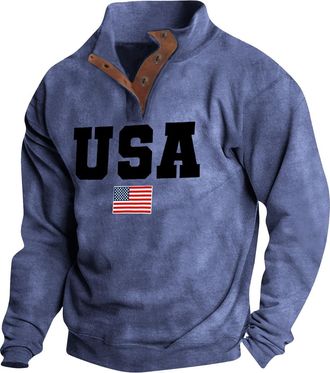 Generic Sweatshirt for Men | Usa Flag Print Pullover Sweatshirt | Male Vintage Hoodless Sweatshirt | Polo Neck Button Sweatshirt Loose Fit Workwear Top Casual