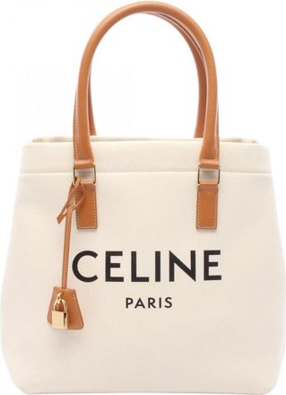 Celine Brown Ivory Canvas Leather Handbag Tote Bag (Pre-Owned)