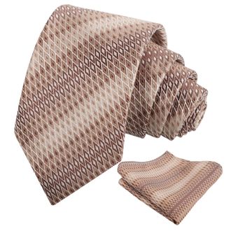 Alizeal Mens Regular Geometric Necktie and Pocket Square for Wedding Holiday Party Tie Set, Khaki+Brown
