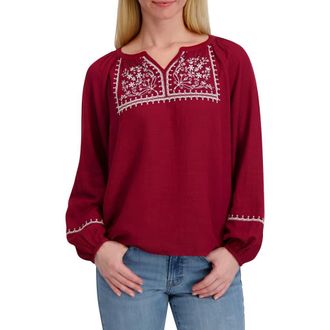Lucky Brand Embroidered Long Sleeve Cotton Blend Top in Burgundy at Nordstrom Rack, Size Small