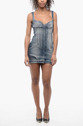 Off-white Mini Dress in Denim con Scollo a Cuore Off-White