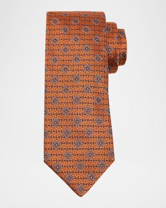 Brunello Cucinelli Mens Geometric Tile Jacquard Silk and Cotton Tie