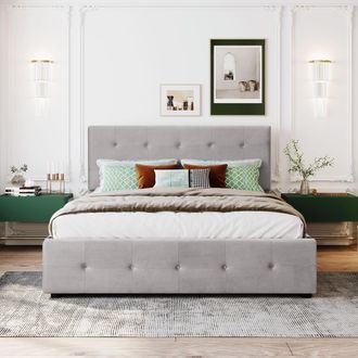 Merax Letto Imbottito 140x200 Cm Letto Matrimoniale Con Cassetto E Schienale, Velluto Delicato Sulla Pelle, Letto Adulti, Grigio