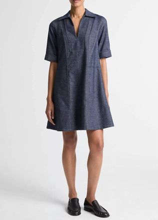 Vince Cotton-Linen Chambray A-Line Dress In Indigo