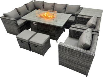 Fimous Fimous Rattan Garden Furniture Dining Set 10-seater Gas Firepit Dining Table Corner Sofa Set with 2 Small Stool Side Table Dark Grey Mixed