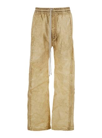 Rick Owens Pusher Beige Pants With Elastic Drawstring Waist In Cotton Man