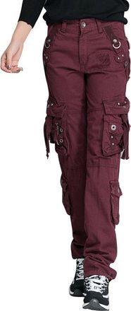 OCHENTA Women Cargo Pants with Pockets,Ladies Casual Workwear Combat Trousers Bordeaux Lable 32-UK 12-14