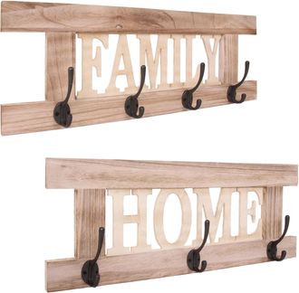 Hhg Hhg - Set De Perchero De Pared De 2 Piezas 987 Panel Perchero Home+family, Aspecto Shabby Vintage, Marr&oacute;n Natural