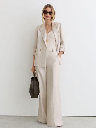Reiss Neutral Petite Linen-blend Textured Wide-leg Trousers, 14