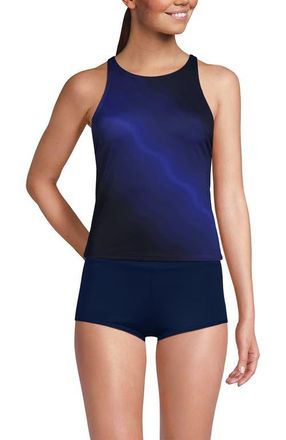 Lands End D-Cup Tugless High Neck Strappy Back Tankini Swimsuit Top in Blue Wavy Ombre at Nordstrom, Size 16