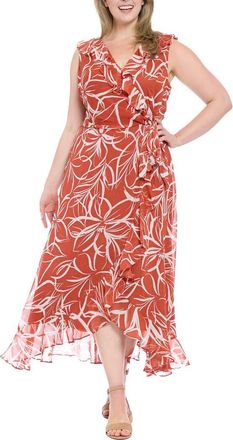 London Times Ruffle Faux Wrap Maxi Dress in Orange/white at Nordstrom Rack, Size 14W