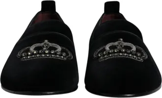 Dolce & Gabbana Black Velvet Crystal Crown Loafers Formal Dress Mens Shoes