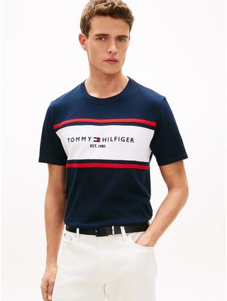 Tommy Hilfiger Mens Hilfiger Block Stripe Logo T-Shirt - Navy Blue - XXL
