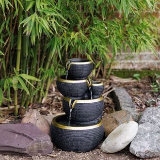 PRIMROSE Solar Power 3 Tier Stacked Bowls Gold Edge Water Feature Cascade LED Lights 46cm in Black