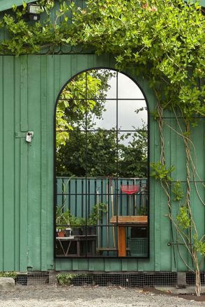 MirrorOutlet Black Metal Framed Arched Window Wall Garden Mirror (180CM X 90CM) | Size: 1 Pack