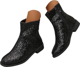 Generic Womens Glitter Sequins Ankle Boots Chunky Block Heeled Sparkly Short Boots with Side Zipper Round Toe Wide Calf Rhinestone Ankle Booties Wedding Brida