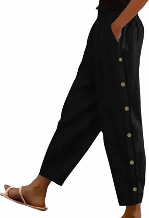 Generic Womens Cotton Linen Trousers Elasticated Waist Cropped Lounge Pants with Pockets & Side Button for Summer, Beach and Casual Wear Black