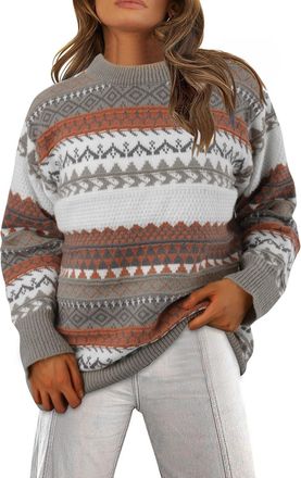 Generic Fairisle Jumper Women Autumn and Winter Casual Loose Knit Jacquard Womens Sweater Grey